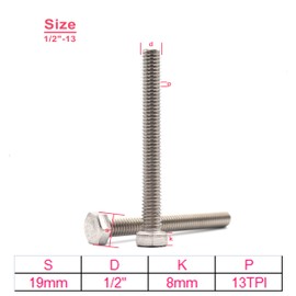cSeao 4pcs 1/2"-13 x 3" Hex Head Bolts, Plain Finish, 304 Stainless Steel