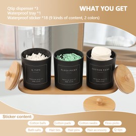 3 Pack Qtip Holder - Bathroom Organizers and Storage, Cotton Round Pad Dispenser Floss Pick Holder with Tray, Glass Apothecary Jars with Lids, Cotton Ball Container - Black