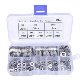180 Pcs Washer Set Stainless Steel Flat Washer for Screws in 8 Size (M2 M2.5 M3 M4 M5 M6 M8 M10) Round Repair Washers Spacers for Home Repair(Silver)