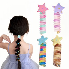 shishiruyizhong 4Pcs Colorful Stars Telephone Wire Hair Bands for Kids,Telephone Wire Hair Bands Elastic Braided Telephone Cord Ponytail Holders Hair Accessories for Girls