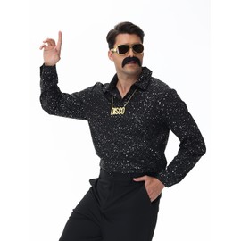 Mens 70s Disco Outfits Costume, 7Pcs Retro Shirt Bell Bottom Pants Wig Sunglasses Necklace Wig Cap for Disco Party