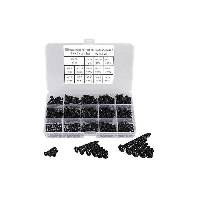 625pcs M2 M3 M4 Phillips Pan Head Self-Tapping Wood Screws,14