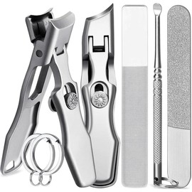 Curved and Slanted Nail Clippers for Men Thick Toenails and Fingernail, Wide Jaw Opening Ultra Sharp Heavy Duty Long Handle Stainless Steel Toenail Clippers Set for Seniors, Adults, Women - Color: Set a