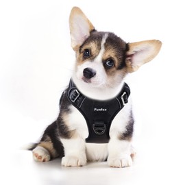 Funfox Dog Harness No Pull, Adjustable Dog Vest Harness, Super Soft Material with Vertical Handle Easy Control, Reflective Night Walking, 2 Leash Clips for Small Medium Large Size, Black, S