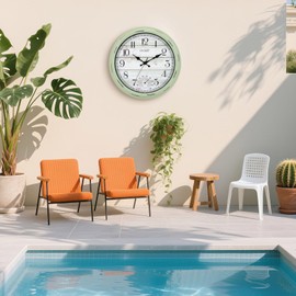 OCEST 16 Inch Indoor Outdoor Clock, Waterproof Large Wall Clock with Thermometer, Silent Non-Ticking Battery Operated Decor for Patio Pool Porch Garden Garage（Retro Green）