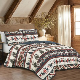 ESCA Farmhouse Lodge Animal Print Navy Bedspread Set Queen Size 3-Piece Red and Blue Deer and Bear Rustic Quilt