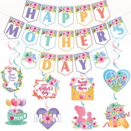 Happy Mom Day Colorful Decorations, Mother's Day Party Decorations Supplies Colorful Happy Mothers Day Banner, Best Mom Ever Ceiling Hanging Swirls Mothers Day Garland