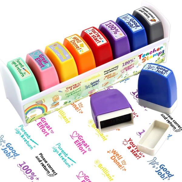 Teacher Stamps for Grading Motivational Teacher Self-Inking Stamp Set Encouraging Signature Stamp for Classroom Supplies 8Pcs