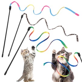 Luxiremi 3 Packs Cat Wand Toy Set,Colorful Fabric Ribbon Rainbow,Ribbon Sticks,Teaser Wand,Interactive Cat Wand Toy with Rainbow Ribbon String for Pet Kitten Training