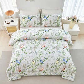 RYNGHIPY Birds Print Comforter Set Garden Style Floral Leaves Bedding Set Twin Size Soft Fluffy Microfiber Bed Sets Reversible Design (Green-White,Twin)