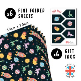 CENTRAL 23 Space Wrapping Paper - Lion Giraffe Zebra - 6 Sheets Of Black Gift Wrap - Planet Star Sun - Galaxy - For Kids Baby Boys And Girls - Comes With Stickers