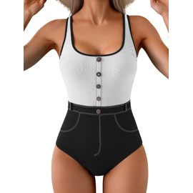 B2prity - Traje de baño de una pieza con bloques de color para mujer, control de abdomen, adelgazante, cuello redondo, cintura alta, traje de baño, Blanco Negro, XX-Large