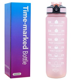 1l Water Bottles with Straw – Time Markings Motivational Sport Water Bottle | BPA Free Tritan Leak Proof Bottles for Men, Women, Running, Cycling, Office, Gym and Sport | One-Click Flip Lid (Pink)
