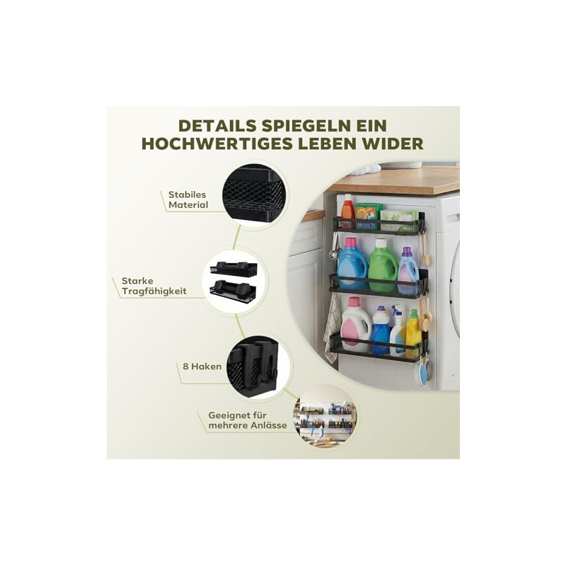 Magnetic Fridge Shelf Set, 4 Pieces with 8 Hooks -