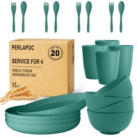Perlapoc Wheat Straw Dinnerware Sets for 4, Unbreakable & Lightweight Plates and Bowls Sets, Travel Camping Cutlery Set, Dishwasher Microwave Safe 20-Piece Dinnerware - Dark Green
