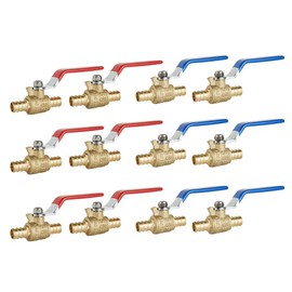12-Pack 1/2" PEX Brass Ball Valve, Barb Crimp Pex Connection, Full Port Water Stop Shut-off Valve, Red (Hot) and Blue (Cold) Levels, (12)