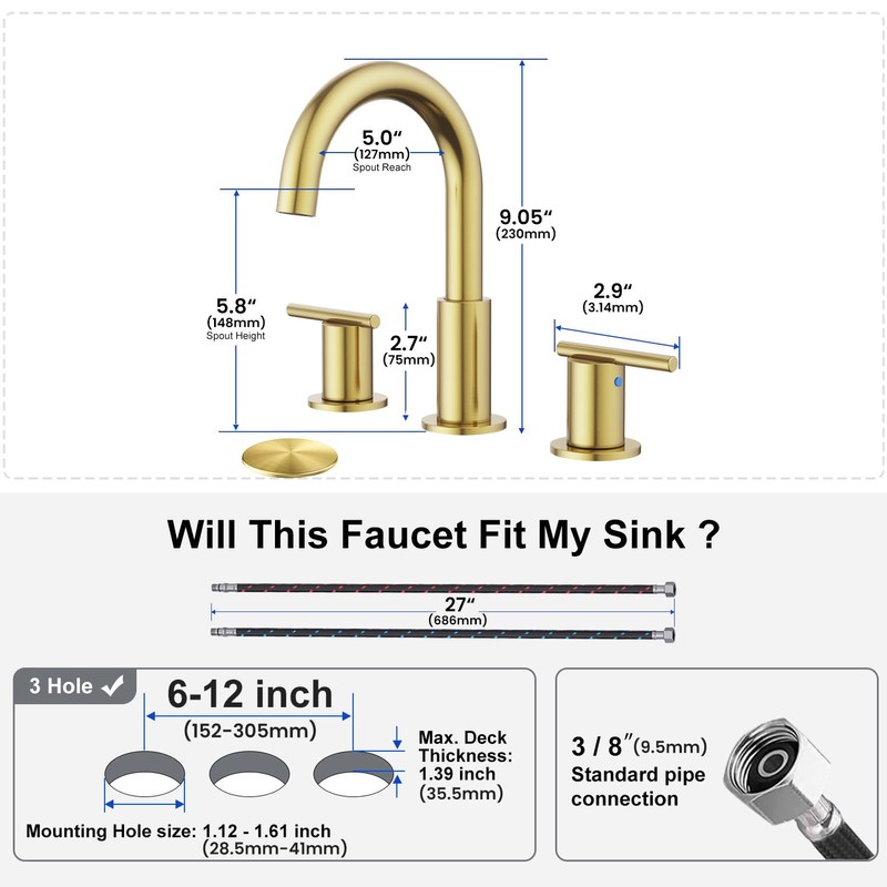 Bathroom Faucets for 3 Hole Sinks, Hurran 8 Inch Brushed