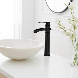 BWE Vessel Sink Faucet Waterfall Matte Black Bathroom Faucets Single Hole Single Handle Bathroom Sink Faucet Tall Vessel Faucet with Pop Up Drain and Water Supply Line