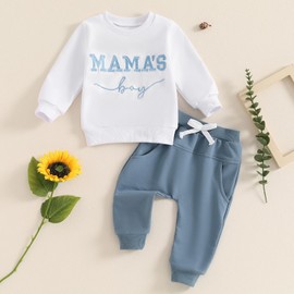 Loalirando Toddler Mama's Boys 2PCS Pants Outfit Long Sleeve O Neck Letter Embroidery Sweatshirts Tops Drawstring Elastic Waist Sweatpants Fall Winter Clothes Set (Blue, 0-6 Months)