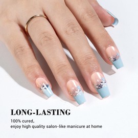 MelodySusie 30PCS Semi Cured Gel Nail Strips (Blue Glitter French Tips), Works with Nail lamp, Salon Quality, Long Lasting, Easy to Apply and Remove, Includes 2 Prep Pads, Nail File and Wooden Stick