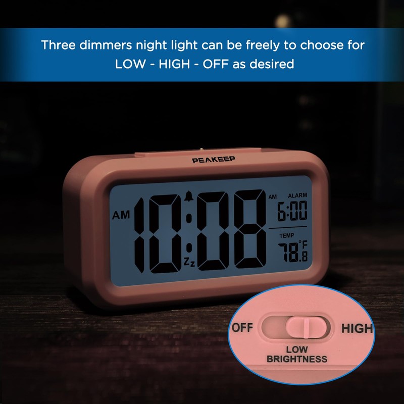 Peakeep Night Light Digital Alarm Clock with Indoor Temperature, Battery