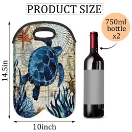 Aglebo Vintage Sea Turtle 2 Bottle Wine Carrier Tote Bag Insulated Wine Bottles Neoprene Bag with Secure Carry Handle Portable Wine Cooler Bag for Travel Picnic Beach