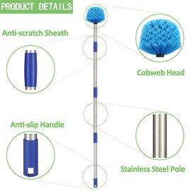 Duster, Cobweb Duster with Extension Pole, Medium Stiff Bristles Cobweb Duster Head & 6-Feet Stainless Steel Pole Ceiling Fan Duster for Outdoor Indoor Cleaning