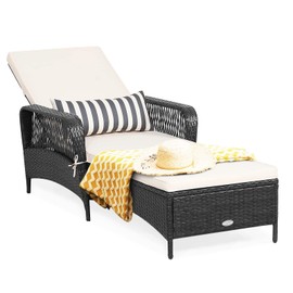 HAPPYGRILL Patio Chaise Lounge Chair Outdoor Rattan Wicker Recliner with Thick Cushion, Lumbar Pillow, Adjustable Backrest for Garden Porch Lawn Poolside