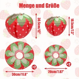 Pack of 4 Strawberry Lanterns, Paper Lanterns, Strawberries, Birthday Decorations, Fruit Party, Children's Birthday Decoration, Red (2 x 20 cm, 2 x 30 cm)