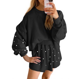Fisoew Womens Lounge Sets 2 Piece Outfits Decor Pearl Long Sleeve Sweatshirt Skort Skirt Tracksuits Shorts Sets