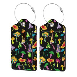 EOBKLAX 2 Pack Luggage Tags for Suitcases,Fantastic Mushrooms Luggage Tag,PU Leather Id Label Luggage Tags with Stainless Steel Loop and Privacy Cover for Women Men Teens Travel