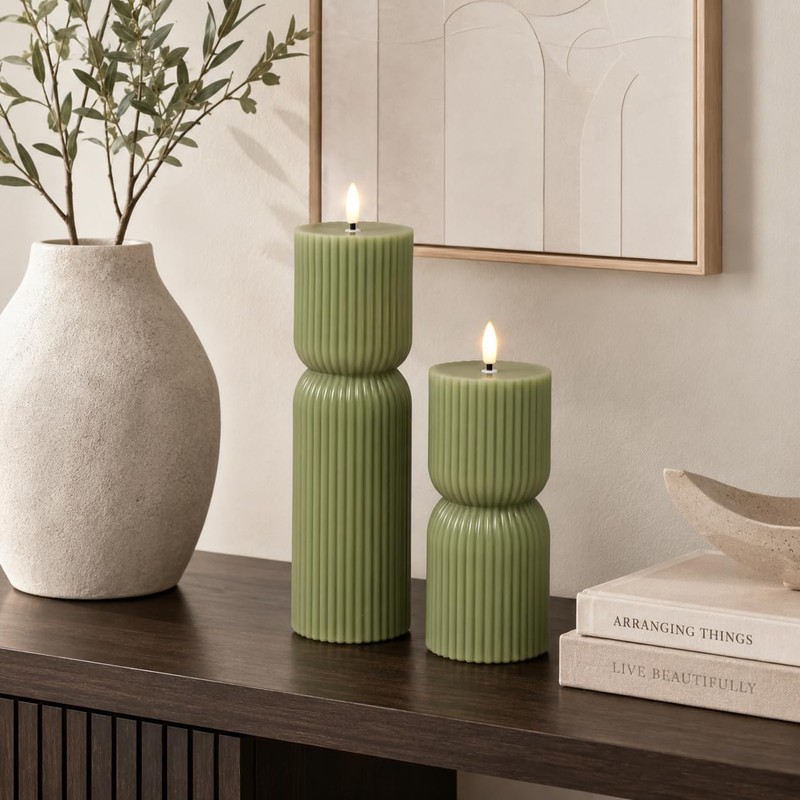JOIONE Ribbed Green LED Flameless Candles 2 Pack with Remote