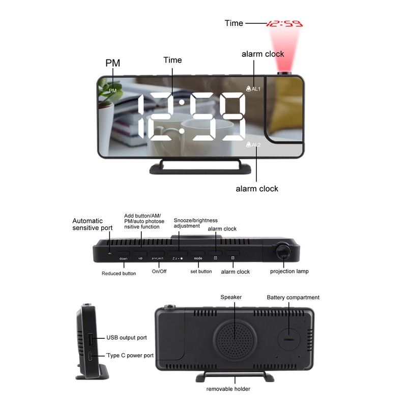 Digital Projection Alarm Clock LED Display USB Powered Auto Sensitivity