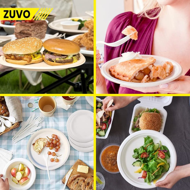 Zuvo Disposable Plates 50 Pack - 100% Compostable White Paper