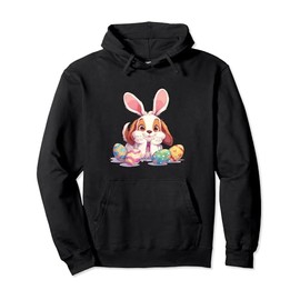 Colorful Easter Eggs Hunt 2024 Dog With Bunny Ears for Kids Pullover Hoodie