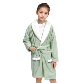 JiAmy Girls' Coral Fleece Bathrobes with Hood Cuddly Flannel Cuddly Soft Children's House Coats Sleepwear Pyjamas for 4-12 Years, Green