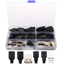 RUNCCI-YUN 20pcs Soldering USB Type A Plug, USB 2.0 Type A Male USB 4 Pin Male Socket with Plastic Cover DIY Black + Silver
