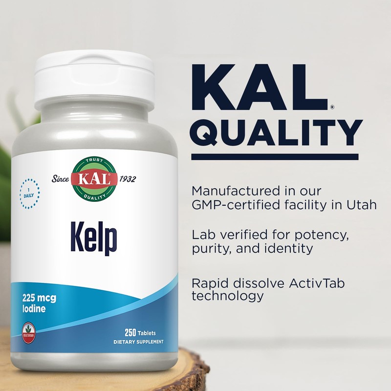 KAL 225 Mcg Kelp Iodine Tablets, 250 Count