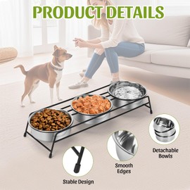 IEBIYO Raised Cat Bowls Triple Dog Cat Feeder Holders 3 Stainless Steel Elevated Pet Water Food Bowl for Cats Puppies Rabbits (3 Bowls)