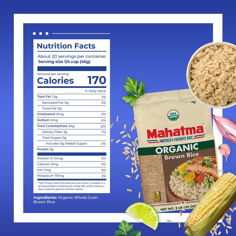 Mahatma Organic Brown Rice, 2-Pound Bag of Rice, Microwave Rice