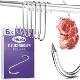 Filzada 6 x XXL Butcher Hooks Stainless Steel – 65 kg – Load Capacity – Diameter 5 mm – High-Quality Stainless Steel Smoking Hooks with Tip – Meat Hooks Smoking Hooks – S Hooks Stainless Steel Hooks