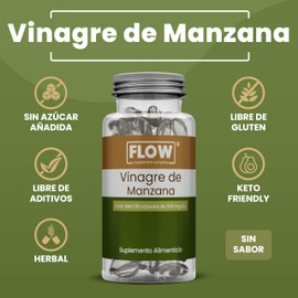 Vinagre de Manzana Orgánico - 90 cápsulas de Vinagre de Sidra de Manzana 500 mg - Suplemento Alimenticio - Sin Azúcar, Libre de Gluten y Aditivos - Flow Products