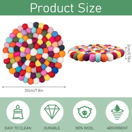 2 Pack Round Felt Ball Coasters, 7.87" Wool Felt Table Coasters, Handmade Felt Trivet Felt Ball Coasters Heat-Resistant Table Mats for Kitchen, Room Decor