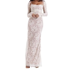 Women Vintage Cream Lace Maxi Dress Romantic Long Sleevees Lace Bodycon Dress White S