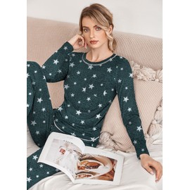 Ekouaer Pajamas Women's Long Sleeve Pj Set Soft 2 Piece Loungewear Sleepwear with Jogger Pants Deep Grey White Star,S