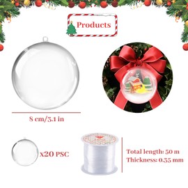 8 cm Christmas Baubles Plastic Transparent, dellyy Pack of 20 Acrylic Baubles Transparent, Plastic Baubles for Filling, for Christmas Decoration, Christmas Tree, Wedding, Parties, DIY Decoration