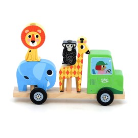 VILAC - Empil'animo 4 Pieces - Ingela P.Arrhenius - Car + Wooden Animals - 1 Truck + 1 Wooden Trailer + 4 Wooden Animals - Elephant, Lion, Monkey and Giraffe - from 2 Years - 7637