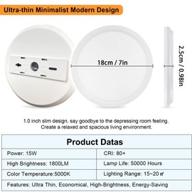 ETDEUH Ceiling Light LED Ceiling Light, 15 W Modern Ultra Thin LED Ceiling Light Round Flat 1800 LM 5000 K Bathroom Lamp Ceiling Kitchen Lamp for Bathroom Hallway Bedroom Balcony Living Room Kitchen