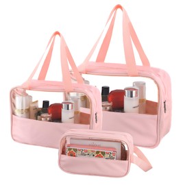 Juego de 3 Bolsa de Cosméticos Transparente, Bolsa Neceser De Viaje, Bolsa de Maquillaje, Bolsa Grande Capacidad PVC Impermeable, para Almacenamiento De Cosméticos Accesorios Viajes (Rosa)
