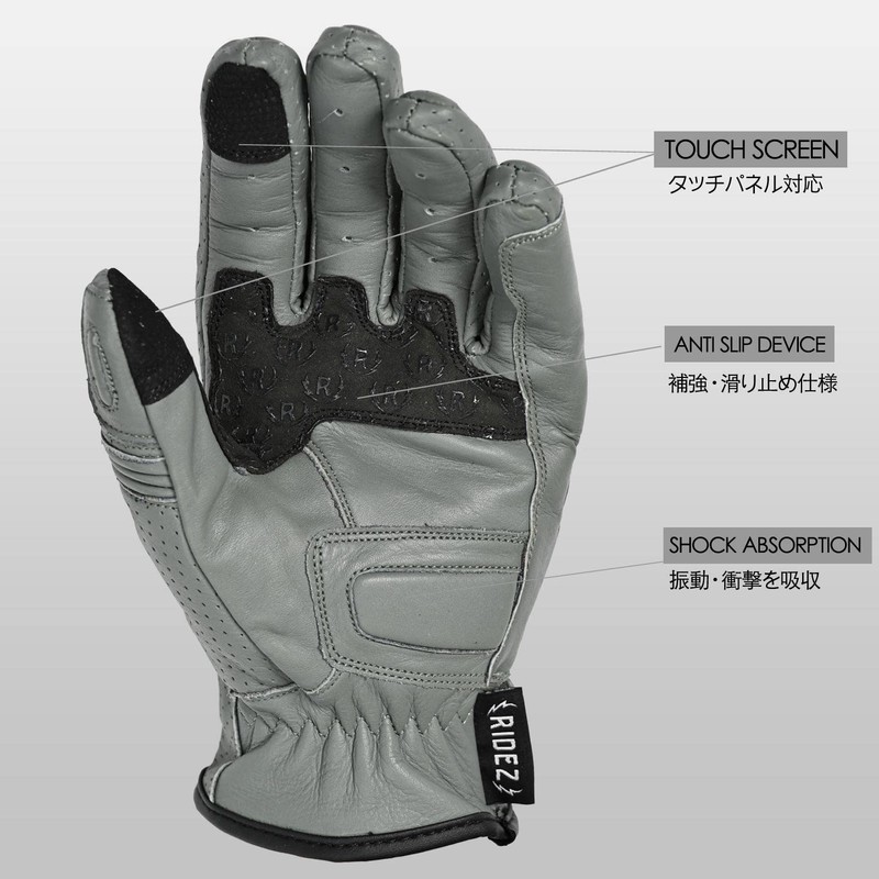 RIDEZ RLG2201-GR-M Motorcycle Genuine Leather Gloves, Smartphone Compatible, Men's Protector,